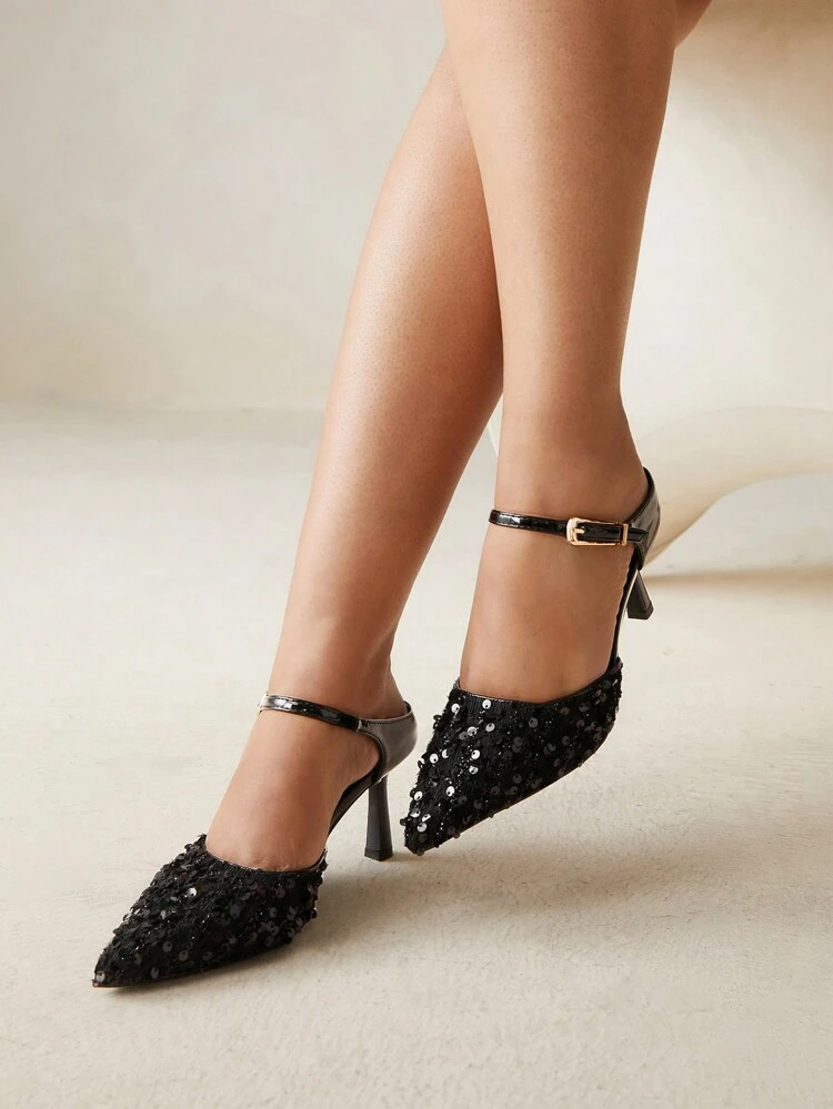 CUCCOO CURVES Pointed Toe Stiletto High Heel Women's Shoes, Sexy Elegant Party Sparkly Black Pointed Toe Wide Fit High Heel Pumps Spring Shoes