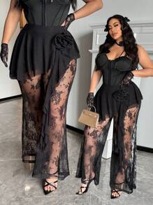 Flirla Women Plus Size Elegant 3D Flower Sheer Ruffle Detail Palazzo Pants Fall Cloth For Women - Black - View 5