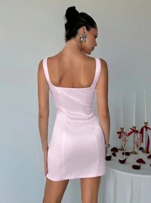 Aloruh Women's Spring And Summer Valentine's Day Pink Bodycon Pocket Decor Mini Dress - Pink - View 2