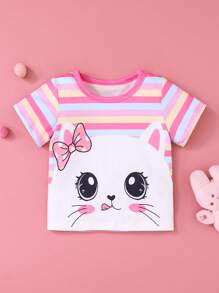 SHEIN Baby Girl Infant Toddler 0-3Y Spring/Summer New Cute Cartoon Bow Kitten Colorful Striped Crew Neck Tee Shirt Top, Versatile Casual - Multicolor - View 1