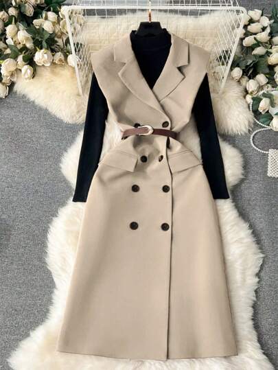 Omancia Casual Solid Color Sleeveless Double-Breasted Suit Jacket