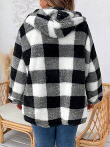 SHEIN LUNE Plus Size Có mũ trùm đầu in kẻ sọc dài tay áo khoác thời trang rộng rãi - Đen và trắng - Xem 2