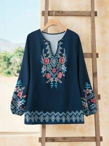 Rusticease Plus Size Autumn Casual Floral Print Keyhole Neck Lantern Sleeve Blouse - Navy Blue - View 1