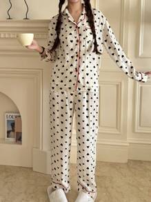 SHEIN 2pcs/Set Teen Girl Heart Graphic Contrast Collar Long Sleeve Pocket Embellished Top And Straight Leg Loose Comfortable Pajama Set, Suitable For High School, College Girls, Daily/Holiday/Party Wear