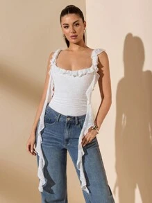 SHEIN BAE Body de mujer con cuello de corazón, arrugado, con volantes y de un solo color blanco texturizado con encaje, adecuado para el Día de San Valentín y uso diario