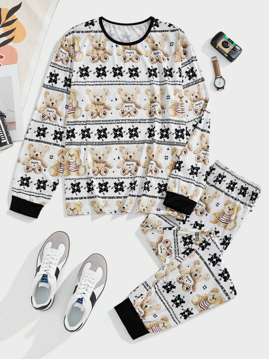 Manfinity Men's Bear Print Long Sleeve & Pants Pajama Set