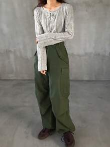 FRIFUL 女士灰色修身短款上衣，纹理针织圆领，带抽绳，春季长袖女式上衣 - 淺灰色 - 查看 2