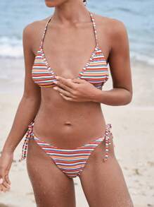 Swim Vcay Conjunto de bikini de mujer para verano con parte superior de atar al cuello, estampado a rayas y abertura delantera
