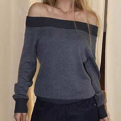 여성용 오프 숄더 스웨터 가을 루즈핏 컬러블록 다용도 섹시 비대칭 탑