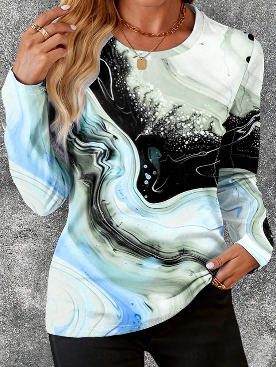 INAWLY Áo cánh dài tay cổ tròn in họa tiết thường ngày cho nữ, thích hợp mặc hàng ngày - Nhiều màu - Xem 1