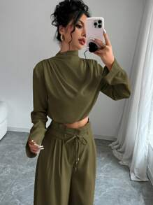 Firerie 女款绿色优雅叠领衬衫上衣阔腿裤两件套，轻盈舒适长裤套装，不对称无袖上衣两件套，教师节两件套，通勤长袖上衣两件套，女士两件套，优雅通勤休闲度假两件套 - 軍綠色 - 查看 3