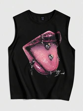 Grunge Punk Camiseta sin mangas de cuello redondo con estampado de labios para hombre, diseño minimalista para uso diario