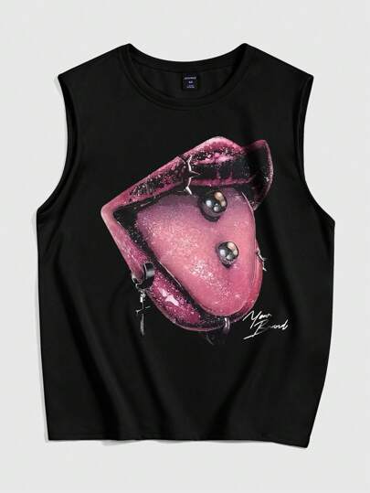 Grunge Punk Camiseta sin mangas de cuello redondo con estampado de labios para hombre, diseño minimalista para uso diario