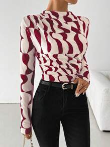 SHEIN PETITE Asymmetrical Geometric Ruched Collar Long Sleeve Casual T-Shirt For Women Graphic Tees Women Tops For Spring