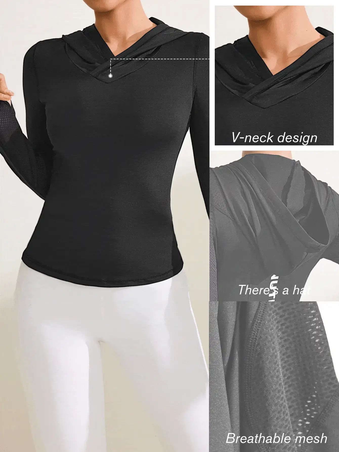 Easithlete 女士运动连帽衫，带透气网眼布、拇指孔、V 领、瑜伽、跑步、健身、户外休闲修身长袖运动衫 - 黑色 - 查看 2