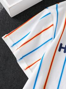 Tween 男孩条纹字母图案印花宽松圆领短袖 T 恤和黄色短裤 2 件套，休闲，夏季运动、度假、上学穿着 - 黃色 - 查看 3