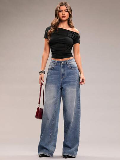 SHEIN BAE Camiseta slim fit con cuello asimétrico y plisado de unicolor para mujer