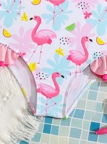 SHEIN Young Girl Flamingo Print Ruffle Trim One-Piece Swimsuit - Multicolor - View 3