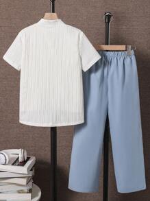 SHEIN 2 Pieces Tween Boy Textured Short Sleeve Shirt And Comfortable Casual Pants Set, Spring/Summer - Multicolor - View 2