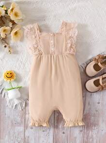 SHEIN Babygirl Spring/Summer Apricot Casual Minimalist Versatile Ribbed Fabric Lace Shoulder Strap Elastic Waist Bow Decor Open Crotch Romper - Apricot - View 2