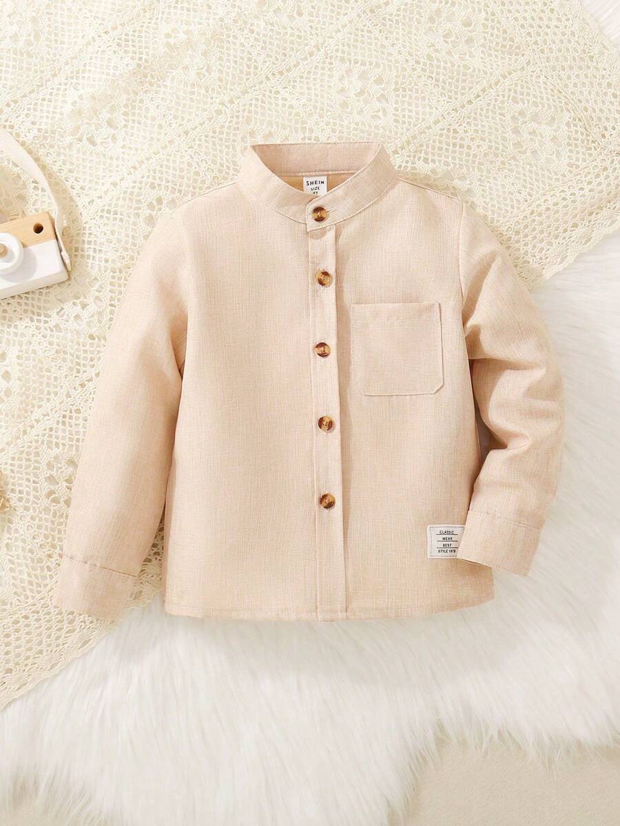 SHEIN Vintaside Kids Young Boy Letter Patched Detail Pocket Front Shirt - Apricot - View 1