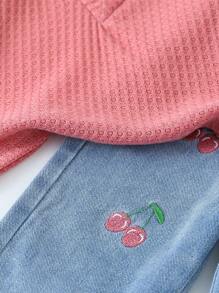 2pcs Baby Girl Autumn Winter New Casual Cute Fun 2 In 1 Waffle Shirt Top With Cherry Fruit Embroidery And Denim Pants Set