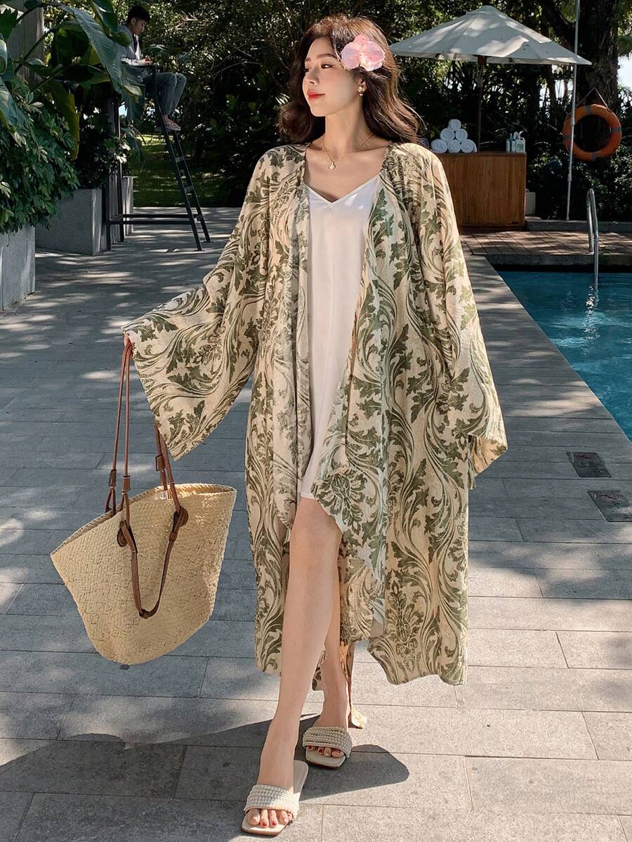 DAZY 女式全身印花宽松休闲罩衫，和服风格，适合夏季海滩度假 - 綠色 - 查看 1