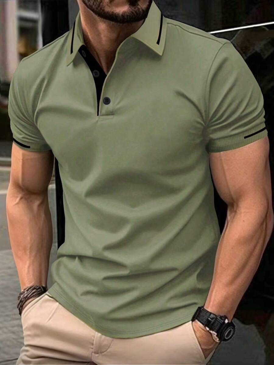 Manfinity Homme 男士纯色拼接前扣短袖衬衫，休闲日常穿着