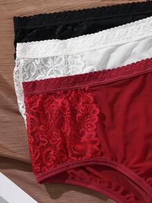 3pcs/Set Plus Size Lace Contrast Mesh Underwear Lingerie - Multicolor - View 6