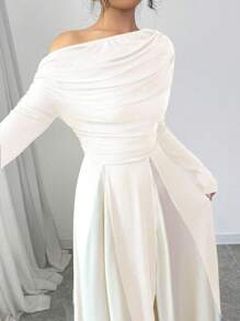 Rafferiza Váy Maxi Thanh Lịch Thường Ngày Cho Nữ, Vai Xiên Nhún, Viền Bất Đối Xứng, Tay Dài Ôm Sát, Trang Phục Maxi Cho Nữ - Màu be - Xem 6