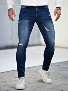 Manfinity Homme 男士简约破洞口袋修身牛仔裤，休闲日常穿着 - 淺色水洗藍 - 查看 5