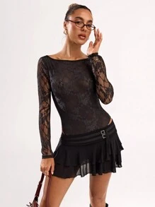 SHEIN BAE Women's Clothing Elegant Daily Street One-Shoulder Back Ribbon Tie Bow Decoration Daily Travel Lace Bodysuit Valentine's Day Women's Clothing Spring And Summer Nightclub Women's Clothing Sexy Spring Clothing Beach Vacation Wear