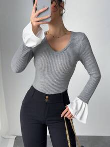 SHEIN Unity Women's Solid Color V-Neck Long Sleeve Casual Top, Minimalist Daily Wear Fall Cloth For Women - Light Grey - View 1