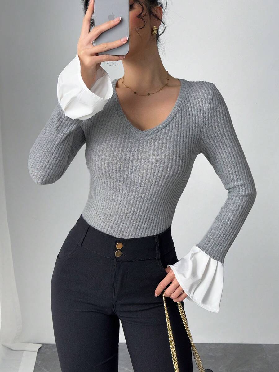 SHEIN Unity Women's Solid Color V-Neck Long Sleeve Casual Top, Minimalist Daily Wear Fall Cloth For Women - Light Grey - View 1