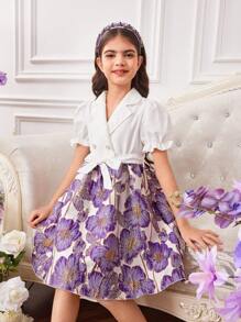 SHEIN Tween Girl 翻领泡泡袖拼布花卉图案优雅 A 字裙，紫色 - 彩色 - 查看 3