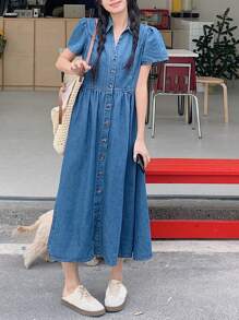 DAZY Đầm denim dài thường ngày xếp nếp tay ngắn cài nút phía trước cho nữ mùa hè - Màu xanh lam - Xem 6