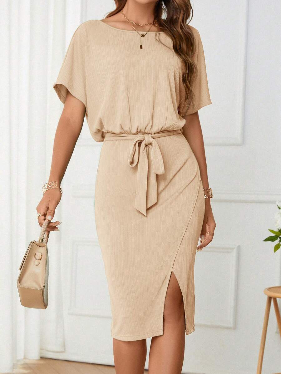 SHEIN Clasi 女士休闲简约开叉蝙蝠袖连衣裙，夏季 - 杏色 - 查看 1