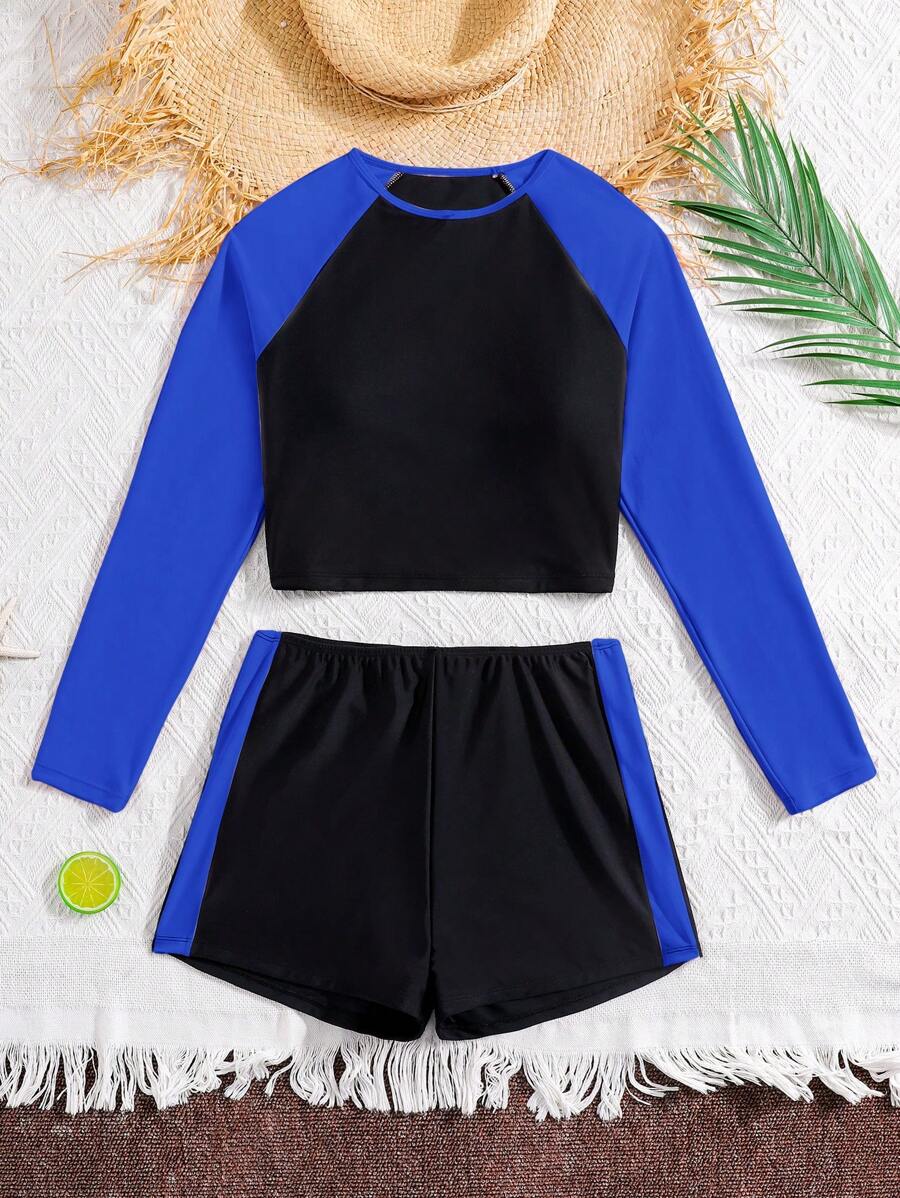 SHEIN Leap Crew 少女两件套泳衣套装,粉色和黑色拼色,插肩袖,舒适贴身,适合夏季海滩 - 藍色 - 查看 1