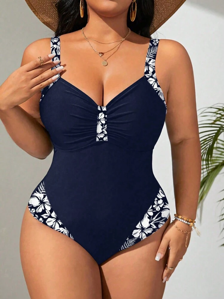 SHEIN Swim Curve Plus Size Vacation Beach Floral Print Patchwork Spaghetti Strap One-Piece Swimsuit Summer - Navy Blue - View 4