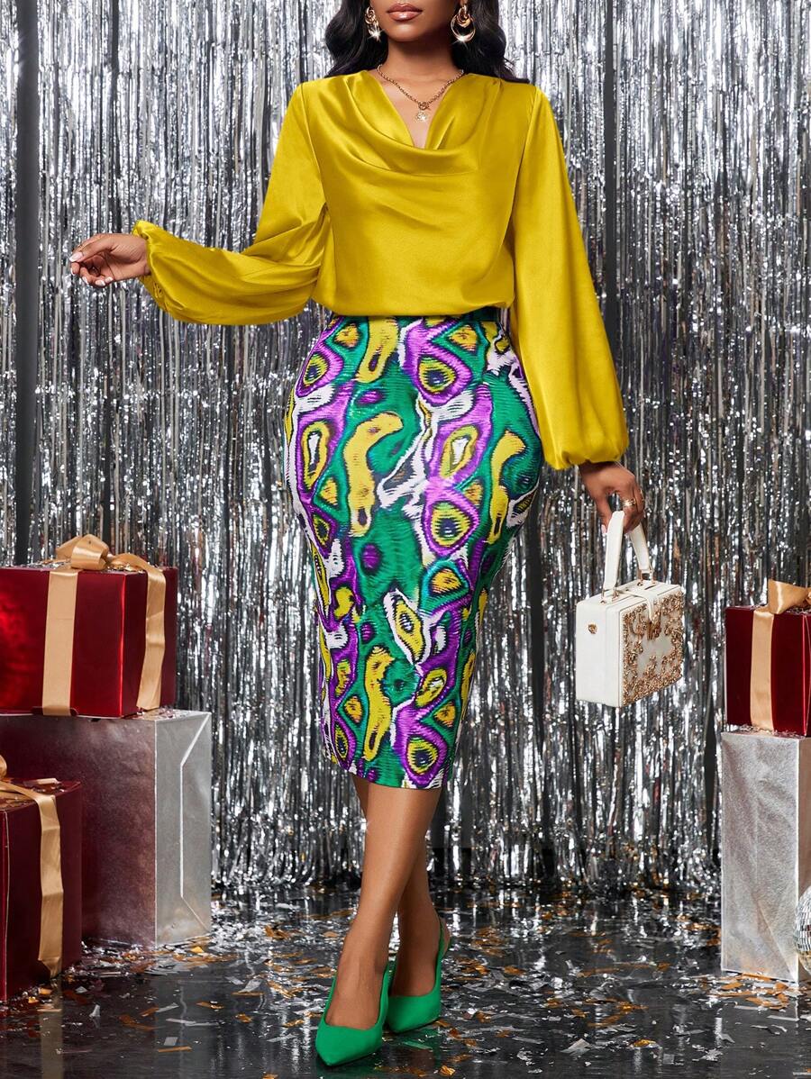 SHEIN Lady 紫色缎面衬衫和非洲图腾印花女士套装和镂空服装感恩节女装秋装非洲连衣裙两件套秋季服装化妆舞会礼服女士套装