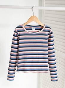 SHEIN Leap Crew Tween Girls' Casual Knit Colorful Striped Long Sleeve Top - Dusty Blue - View 6
