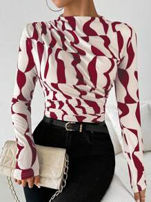 SHEIN PETITE Asymmetrical Geometric Ruched Collar Long Sleeve Casual T-Shirt For Women Graphic Tees Women Tops For Spring