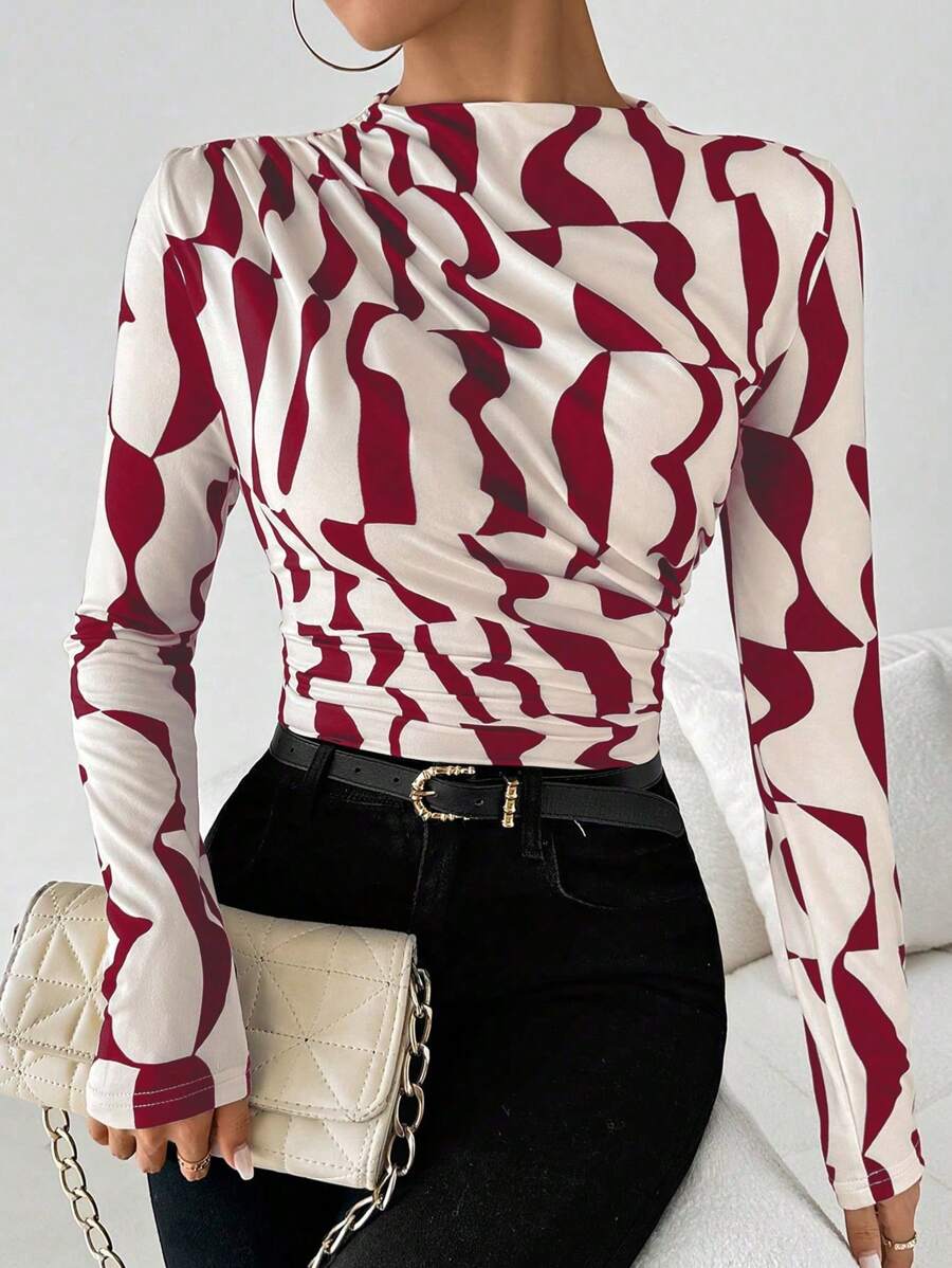SHEIN PETITE Asymmetrical Geometric Ruched Collar Long Sleeve Casual T-Shirt For Women Graphic Tees Women Tops For Spring