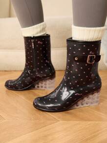 Cuccoo Women Minimalist All-Over Print Metal Decor Rain Boots, Casual For Daily Wear Black For Christmas And New Year Holiday Vibe Fall And Winter - Black - View 3