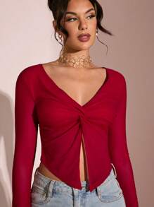 SHEIN BAE 女士纯红色扭纹荷叶边喇叭袖性感透明衬衫 T 恤，适合情人节、派对、浪漫约会、伴娘、舞会、通勤、春夏季 - 紅色 - 查看 4