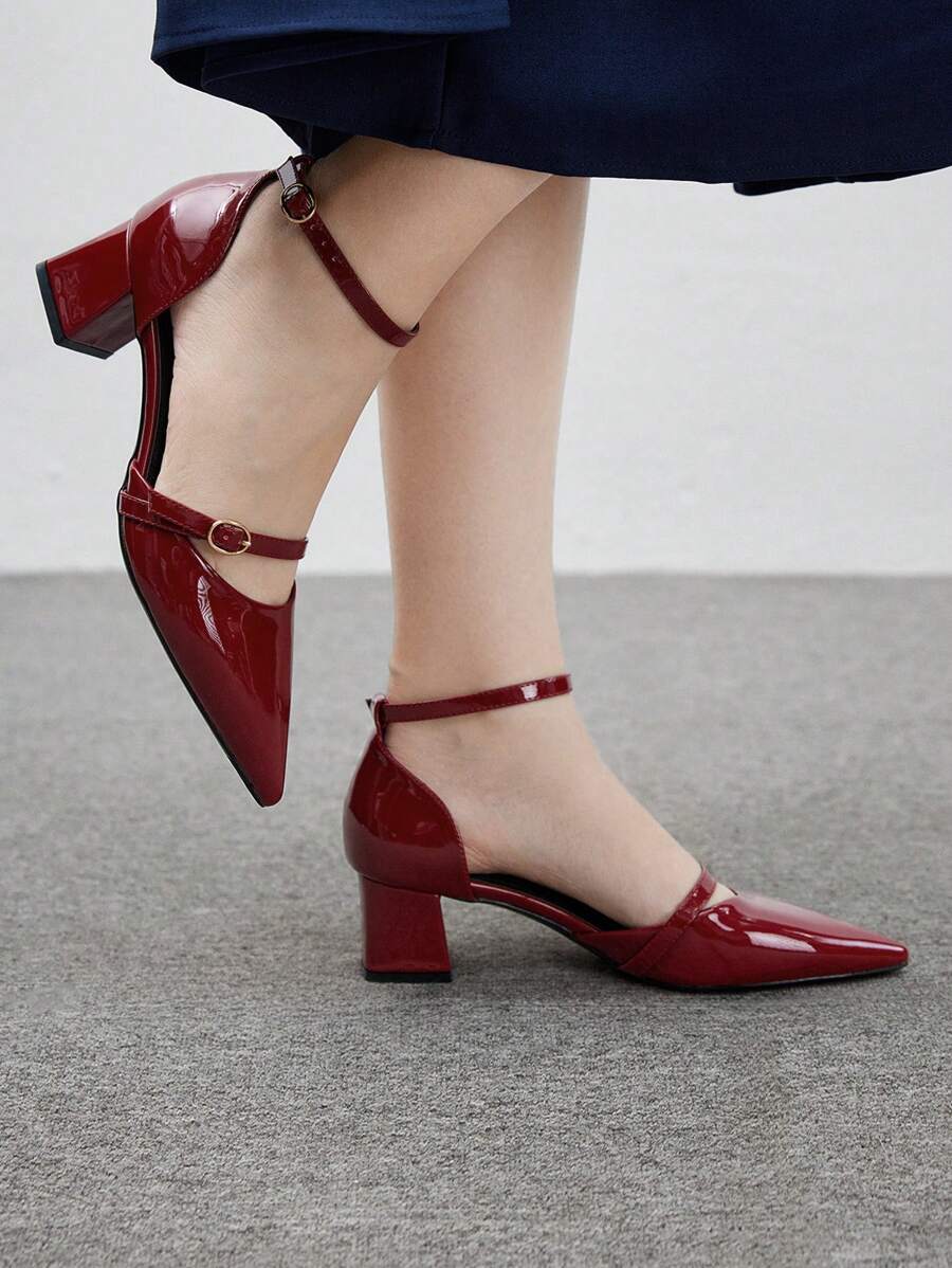 CUCCOO BIZCHIC 女士时尚亮面酒红色漆皮系带尖头中跟高跟鞋，适合工作、约会、聚会、节日、婚礼 - 酒紅色 - 查看 1