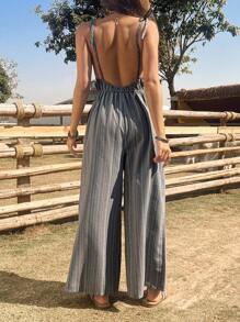 DAZY 度假海滩波西米亚风系带抽绳条纹细肩带露背宽松连体衣 - 藍色 - 查看 5