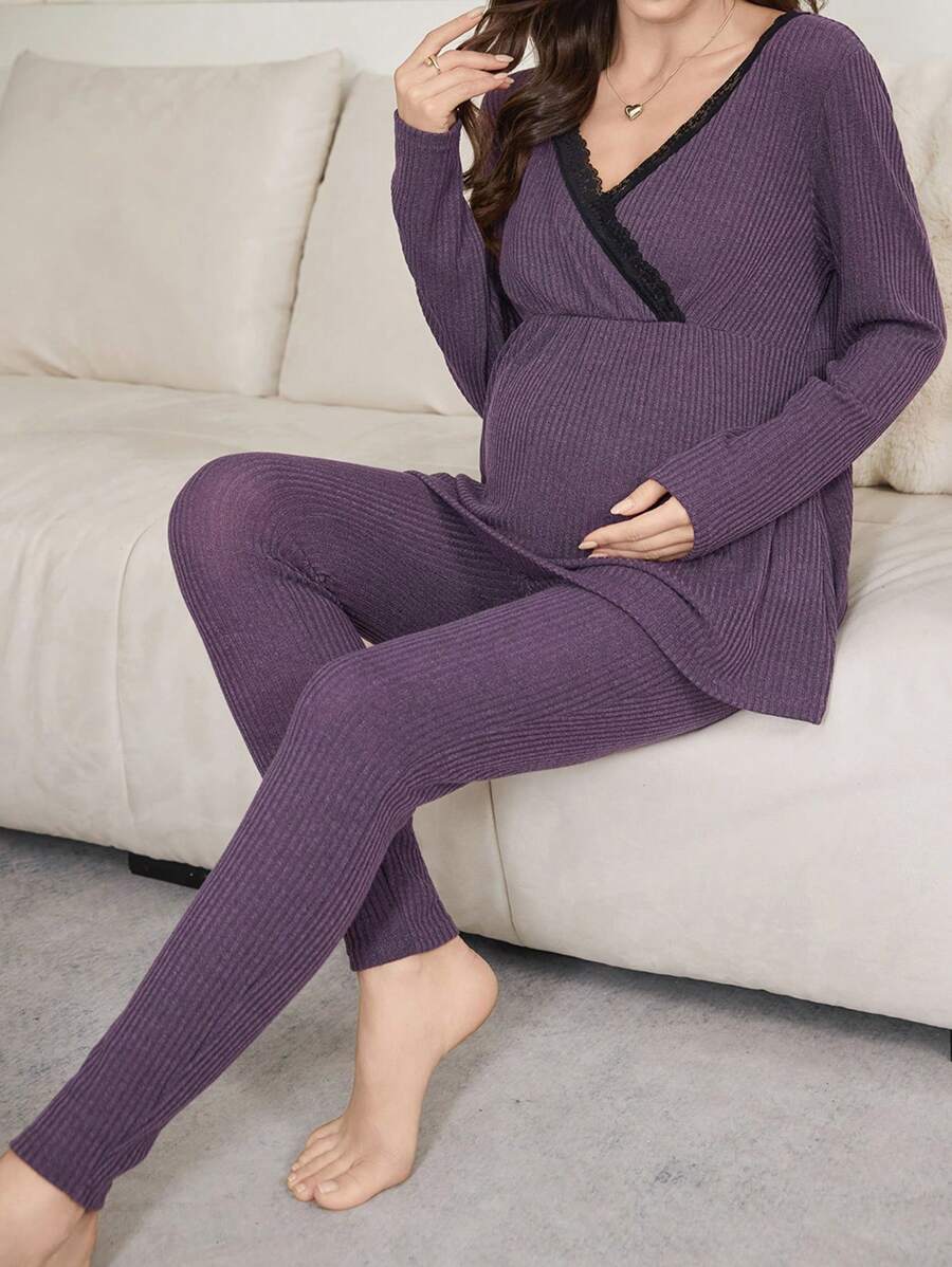 Lace Trim Overlapping Collar Comfy Knit Maternity Home Outfit Set