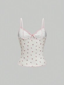 ROMWE Kawaii Cute Ditsy Floral Lace Trim & Bow Racerback Tank Top For Women - White - View 2