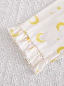 Young Girl Moon & Star Print Ruffle Hem Open Front Short Sleeve Pajama Set, Suitable For Family Gatherings - Yellow - View 7